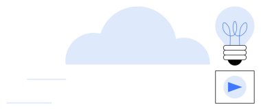 Ampul filizlenen yapraklar, bulut ve oyun düğmesi çevresel yenilik, bulut hesaplaması, büyüme, dijital ilerleme, sürdürülebilirlik ve enerji verimliliğini temsil eder. Teknoloji ekolojisi için ideal