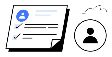 Kontrol listesi, soyut bulut ve yuvarlak avatar ikonu olan kullanıcı profili, organizasyonu sembolize ediyor, verimliliği. Kullanıcı binmek için ideal, görev yönetimi, kimlik HR analitik iş akışları. Basit düz
