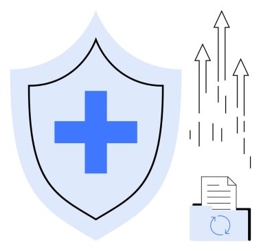 Güvenliği sembolize eden mavi kalkan, yedekleme ve veri koruması için kurtarma oku ve yukarı doğru büyümek için oklar. Sağlık, veri güvenliği, kurtarma ve siber güvenlik için ideal