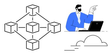 Adam dizüstü bilgisayarın başına oturmuş merkezi olmayan bir blokaj şemasını ve bulutu işaret ediyor. Engelleme teknolojisi, veri paylaşımı, bulut hesaplama, iş analizi, ademi merkeziyetçi sistemler, bilişim için ideal