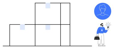 Elinde ampul tutan kişi yeniliği sembolize ediyor, istiflenmiş blokların yanında duruyor. Liderlik, fikir üretimi, organizasyon, takım çalışması, yaratıcılık, problem çözme yenilik temaları için idealdir. Basit düz