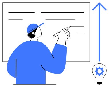 Güvertede çizim yapan kişi, yukarı doğru ok büyümeyi sembolize ediyor, yaratıcılık, strateji, eğitim, problem çözme, takım çalışması yeniliği için donanımlı ampul. Liderlik görselleri için ideal