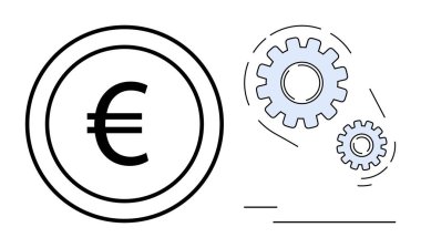 Mali işlemleri, iş verimliliğini veya imalatı gösteren birbirine bağlı viteslerin yanında Euro sikke sembolü. Ekonomi, yönetim, otomasyon, süreç, ticaret, yenilik için ideal basit