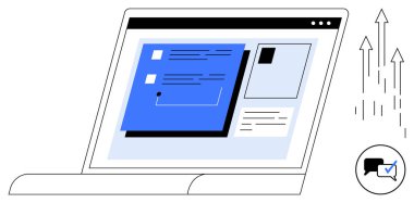 Görev kartları, bildirim, ilerleme okları ve sohbet kutusu simgesine sahip bir kullanıcı arayüzünü gösteren dizüstü bilgisayar ekranı. İş akışı, üretkenlik, iletişim, işbirliği, görev izleme için ideal