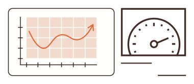 Hız göstergesinin yanında yukarı doğru eğilimli analitik grafik. Ticari büyüme, performans ölçümleri, veri analizi, verimlilik, ilerleme izleme, izleme için ideal, basit düz metafor