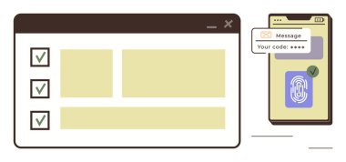 Akıllı telefonun yanında parmak izi tarayıcısı ve doğrulama kodu uyarısı gösteren kontrol listesi olan tarayıcı penceresi. Siber güvenlik, kimlik doğrulama, gizlilik, doğrulama ve teknoloji için ideal