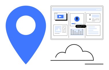 Mavi lokasyon iğnesi, bulut çizgisi, çizelgeler, uyarılar ve ekipmanlarla dolu gösterge paneli. Navigasyon, veri, analitik bulut teknolojisi dijital araçları online bilgi için idealdir. Basit düz metafor