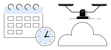 Takvim, saat, ölçek ve bulutları temsil eden planlama, zaman ölçümü, seçimler, verimlilik, yük dengeleme etkili karar verme. Organizasyon programları için ideal takım çalışması