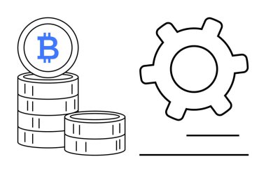 Bitcoin birikintileri, teknik işlemleri sembolize eden bir vitese bitişik. Kripto para birimi, engelleme zinciri, teknoloji, finans, dijital ekonomi, fintech, merkezi olmayan ağlar için ideal. Düz basit metafor