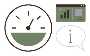 İlerlemeyi gösteren hız göstergesi, istatistikleri gösteren analitik çizelge ve i ile konuşma balonu. Analiz, performans, ölçüm, bilgi, veri yönetimi, ilerleme takibi için ideal