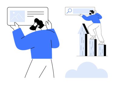 İki birey içerik ve arama araçlarıyla etkileşime geçiyor. Biri bilgiyi incelerken, diğeri büyüme çizelgelerine tırmanıyor. Strateji, analiz, büyüme, içgörü, hedef belirleme, takım çalışması için ideal