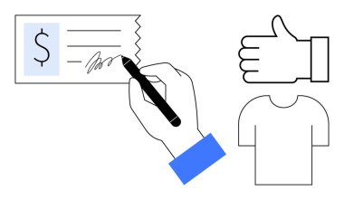 Çekin imzalanması için kalem, onay işareti ve tişört ikonu. Finans, işlemler, güven, destek, e-ticaret, anlaşmalar ve basit bir iniş sayfası için ideal