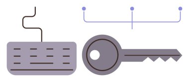 Siber güvenliği, şifrelemeyi, şifre erişimini, veri korumasını ve kimlik doğrulamasını temsil eden bağlayıcı satırlara sahip klavye ve anahtar. Teknoloji, güvenlik, mahremiyet, yenilikçi ağ bağlantısı için ideal