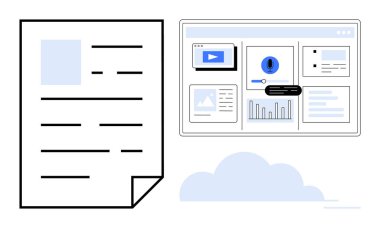 Video, grafik, grafik, arama çubuğu ve bulut depolama arayüzünün yanındaki dijital belge. Veri analizi, rapor yönetimi, bulut tabanlı hizmetler, dijital çalışma alanı teknolojisi için ideal