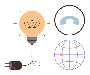 Yaratıcılık kordonlu bir ampul, iletişim için bir retro telefon alıcısı ve küresel bağlantıyı sembolize eden bir küre. Yenilik, takım çalışması, iş, teknoloji, ağ kurmak için ideal