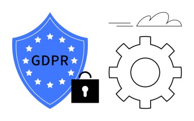 GDPR etiketli kalkan, kara kilit güvenlik, bulut ve süreç entegrasyonunu sembolize ediyor. Veri koruması, gizlilik yasaları, uyum, politika uygulaması, dijital güvenlik süreçleri için ideal