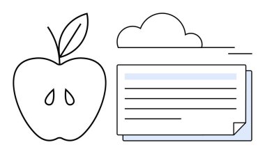 Bir bulut depolama dosyasının yanındaki Apple ana hatları beslenme, teknoloji, dijital depolama, öğrenme ve sağlık erişimini temsil ediyor. Eğitim, diyet, bulut hesaplama ve veri paylaşım teknolojisi için ideal
