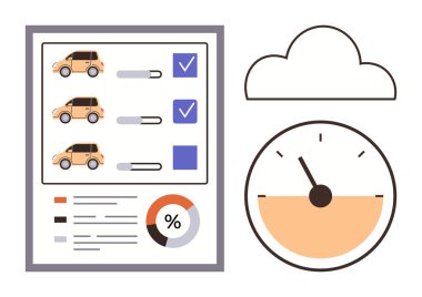 Renkli kutular, kaydıraklar, yüzdelik çizelgesi, hız göstergesi ve bulut sembollü araba karşılaştırma listesi. Araba incelemesi, veri analizi, seçim, performans karar verme metrikleri için ideal basit