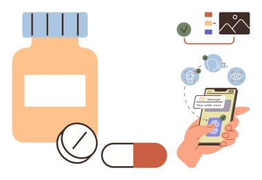 İlaç şişesi, haplar ve kimlik kodlu akıllı telefon. Sağlık hizmetleri, teknoloji, güvenlik, eczane, uygulamalı güvenlik teletıp hasta desteği için ideal. Basit bir düz metafor.