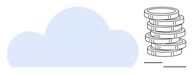 Yığılmış sikkelerin yanındaki bulut simgesi çevrimiçi veri depolama, finans teknolojisi, dijital tasarruflar veya bulut tabanlı iş çözümlerini ön plana çıkarıyor. Teknoloji, ekonomi, finans, tasarruf ve yatırım için ideal