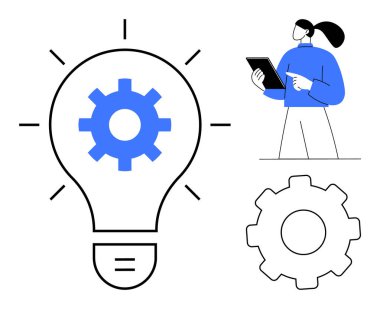 İçinde teçhizat olan soyut ampul, yeniliği simgeliyor. Tablet tutan kadın strateji ve analiz öneriyor. Teknoloji, yaratıcılık, iş, yenilik, takım çalışması, çözümler için ideal basit