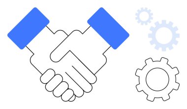 İki el, anlaşmayı, takım çalışmasını ve ortaklığı sembolize ediyor. Yanında işbirliğini, iş akışını ve ilerlemeyi temsil eden vitesler var. İş için ideal, işbirliği, strateji ortaklığı