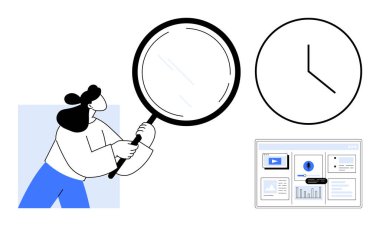 Bir büyüteç tutan kadın karakter, zaman analizini sembolize eden bir saat, ve altı çizili bir veri monitörü analiz, odaklanma ve verimlilik. Zaman yönetimi, iş, araştırma için ideal