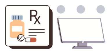 İlaç şişesi, tablet, kapsül, reçete defteri, yanında da masaüstü monitörü. Teletıp, eczane, dijital sağlık hizmetleri, online istişareler, e-reçeteli ilaç yönetimi için idealdir.