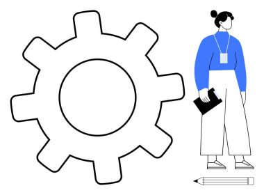 Mavi bluzlu, elinde not panosu olan, kalemle gezen bir kadını temsil eden büyük dişli. Takım çalışması, yenilik, verimlilik, proje yönetimi, planlama, endüstri iş akışı için ideal. Basit düz