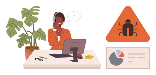 Woman using a headset to provide customer support while addressing a bug issue. Desk with computer, analytic charts, warning sign, and plant. Ideal for customer service, troubleshooting