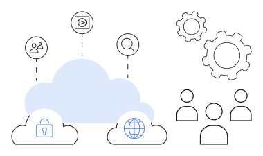 Kilit, küre ve noktalarla birbirine bağlı kullanıcı simgelerine sahip bulut sembolleri. Dişliler ve insanlar işbirliği, güvenlik ve yenilikleri tasvir ederler. Takım çalışması, bilişim ve küreselleşme teknolojisi verimliliği için ideal