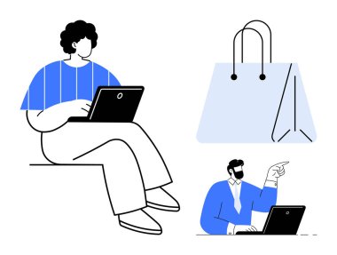 Dizüstü bilgisayarda çalışan kişinin oturduğu soyut tasarım, sunum yapan profesyonel biri ve bir alışveriş çantası. E-ticaret, iş hayatı dengesi, uzaktan çalışma, takım çalışması, teknoloji, eğitim için ideal