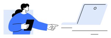 Mavi kazaklı kadın elinde tablet, dizüstü bilgisayarı işaret ediyor. Eğitim, çevrimiçi öğrenme, teknoloji iletişimi, dijital rehberlik, takım çalışması, ofis eğitimi ve kullanıcı etkileşimi için ideal