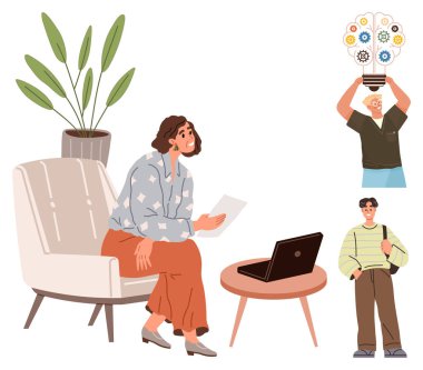 Sandalyede kağıt okuyan bir kadın, masada dizüstü bilgisayar, dişli ampul tutan bir adam, öğrenci çantası. Takım çalışması, eğitim, yaratıcılık, uzak çalışma, beyin fırtınası için ideal basit düz çalışma