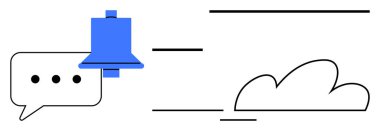 Etrafı dinamik çizgiler ve bulutlarla çevrili mavi alarm zilli sohbet balonu. Mesajlaşma, alarmlar, bulut hesaplama, veri depolama, iletişim, çevrimiçi güncellemeler, takım çalışması için ideal. Basit düz