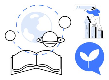 Gezegen ve Dünya yörüngesine sahip açık kitap, verileri keşfeden kişi ile arama kavramı, ve konuşma baloncuğunda yaprak. Eğitim, sürdürülebilirlik, araştırma, yenilik, yaratıcılık ve öğrenim için ideal