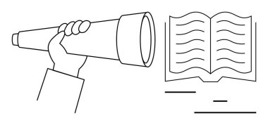 Açık bir kitabı akıcı metinlerle dolu bir teleskopla tutmak. Eğitim, araştırma, keşif, öngörü, bilgi takibi, yaratıcı düşünce, basit iniş sayfası için ideal
