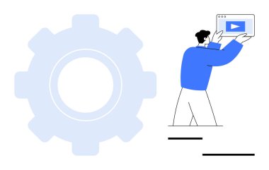 Video oynatıcı arayüzü ile birlikte vites sembolü teknoloji, medya, süreç, yenilik, optimizasyon, takım çalışması ve kullanıcı odaklı hizmetleri simgeler. Medya platformları ve teknolojik görüşler için ideal