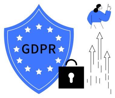 GDPR kalkanı, yukarı doğru büyüyen oklarla çevrili güvenli asma kilit ve işaret eden bir kişi. Veri koruması, güvenlik, büyüme, politika uyumluluğu, gizlilik yasaları, iş stratejisi için ideal