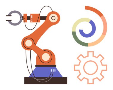 Pençeli, dişli robot kolu ve endüstriyel otomasyonu, teknolojik ilerlemeyi ve işlem kontrolünü vurgulayan bölümlü dairesel grafiği. Robot bilimi, mühendislik, teknoloji ve yenilik için ideal