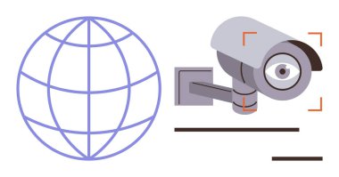 Küresel gözetim, izleme ve dijital ağı sembolize eden, odak saptama sistemine sahip bir güvenlik kamerası. Gizlilik, siber güvenlik, teknoloji, iletişim, internet dijital için ideal