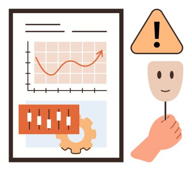 Yukarı doğru eğilimli çizelge, ayarlar paneli, dişli, uyarı işareti, el ele tutuşan gülümseme maskesi. Analiz, optimizasyon, davranış uyarısı duygu yönetimi için idealdir. Basit düz