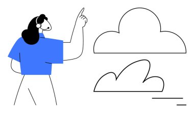 Mavi gömlekli kadın çizilmiş bulut şekillerine bakıyor. Bulut hesaplama, yenilik, teknoloji, iletişim, yaratıcılık, uzaktan çalışma ve basit iniş sayfası için ideal