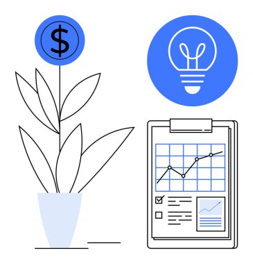 Büyüyen dolar sembollü bitki, grafikli ve istatistikli pano, mavi ampul ikonu. Mali planlama, yatırım, yenilik, büyüme, analitik, eko-finans ve basit iniş sayfası için ideal