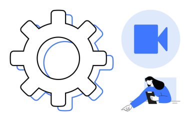 Büyük teçhizat süreç optimizasyonunu temsil ederken, mavi video kamera dijital medyayı sembolize ediyor ve tabletli kadın figürü de işbirliğini yansıtıyor. Takım çalışması, iş akışı, teknoloji ve yenilik için ideal