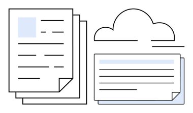 Birikmiş belgeler ve metin pencereleri dijital depolama ve dosya paylaşımını sembolize ediyor. Takım çalışması, üretkenlik, veri erişimi, organizasyon, teknoloji, iş akışı, iletişim için ideal