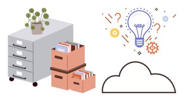 Vitesli ampul ve bulut depolama kabinlerinin ve kutuların yanındaki bulut deposunu gösteriyor. Veri yönetimi için ideal, dijital dönüşüm, yenilik, bulut hesaplama, yaratıcı düşünce