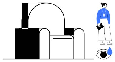 Cesur şekilli eşsiz bir koltuk, yanında da kitap tutan sıradan giyinmiş bir figür ve gözyaşı ile soyut bir göz. Mobilya tasarımı, duygular, iç sanat, modern yaşam ve yaratıcılık için ideal