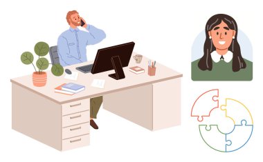 Masada bilgisayar, kitap, kahve fincanı ve saksı bitkisiyle konuşan bir adam. Portre ve çoklu renk bulmacasını takım çalışması metaforu olarak içerir. Takım çalışması, iletişim, strateji, uzaktan kumanda için ideal