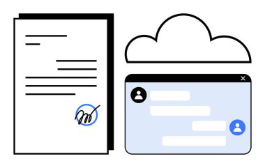 İmza simgesi, sohbet arayüzü ve e-imzaları, dijital iletişimi ve bulut depolamasını temsil eden bulut grafikli belge. İş için ideal, takım çalışması, işbirliği, teknoloji uzaktan kumandası